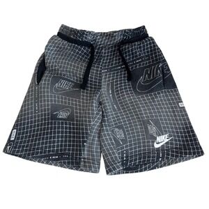 Nike Boys Fleece Shorts Black White Grid Logo Print Drawstring Pockets Size S